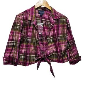 Ann Taylor Silk Button Tie Front Plaid‎ Top 6P Crop Blouse Quiet Luxury Glam